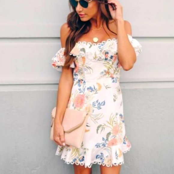 | vici • saints & secrets floral off the shoulder mini dress • size small | - Picture 2 of 5